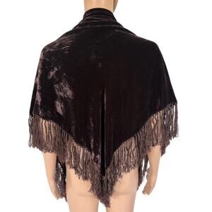 Vintage Brown Velvet Fringe Triangle Shawl Boho Gothic Earth Fairy